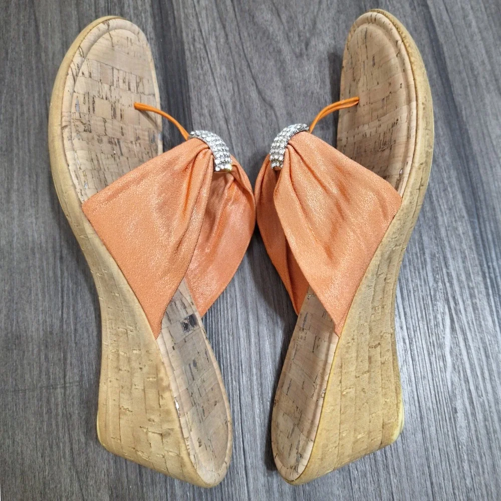 Orange Fabric Rhinestone Thong Wedge Sandals Cork Footbed Made in Italy Size 9